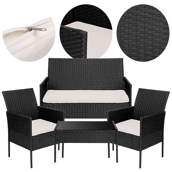 Mobilier de jardin en résine tressée ensemble 4 en 1 MAGNOLIA noir coussins beiges