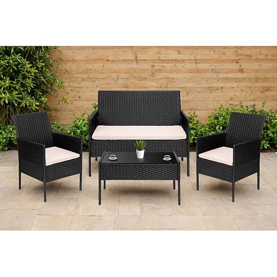 Mobilier de jardin en résine tressée ensemble 4 en 1 MAGNOLIA noir coussins beiges