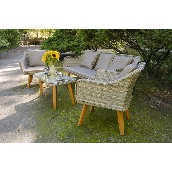 Mobilier de jardin en résine tressée (grand canapé 3 places + 2 fauteuils + table) LARGO Gris Mélang
