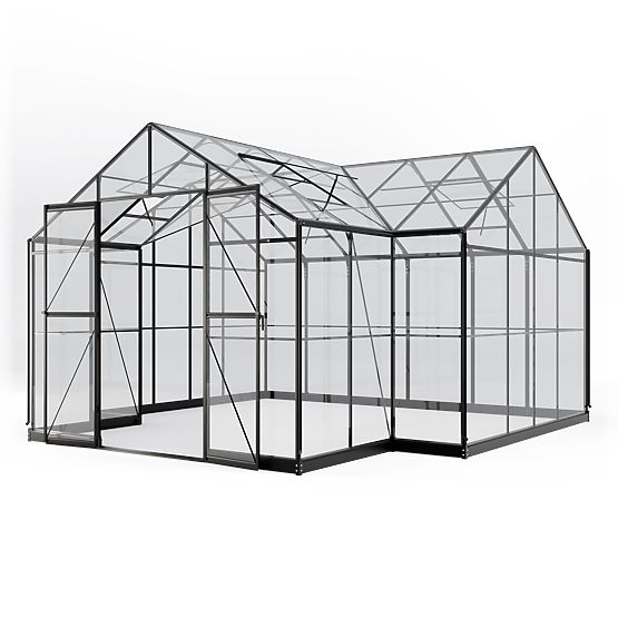 Orangerie de jardin Royal Green Standard 16,6 m² avec base, verre trempé 4 mm, aluminium, noir