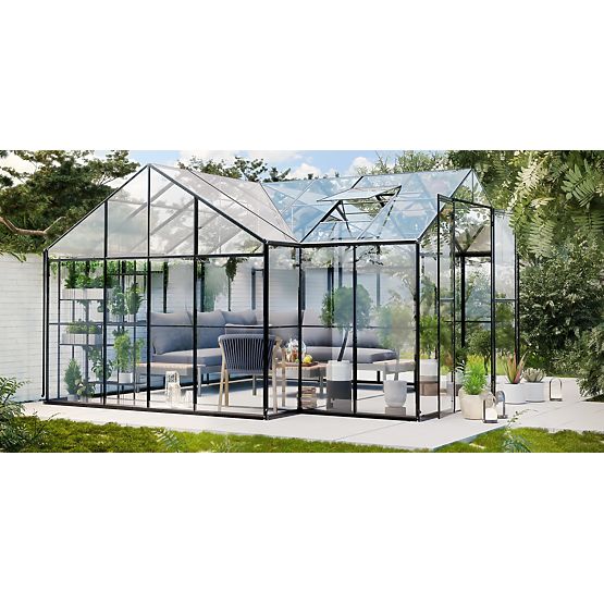Orangerie de jardin Royal Green Standard 16,6 m² avec base, verre trempé 4 mm, aluminium, noir