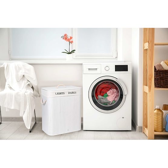 Panier en bambou avec couvercle 100L 2 compartiments blanc