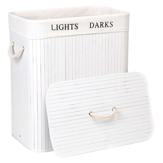 Panier en bambou avec couvercle 100L 2 compartiments blanc