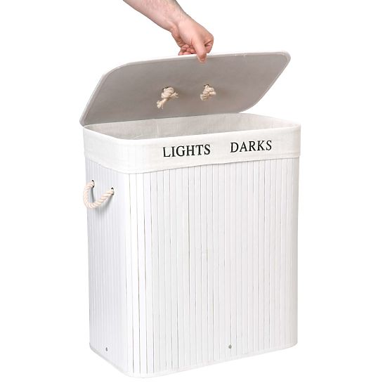 Panier en bambou avec couvercle 100L 2 compartiments blanc