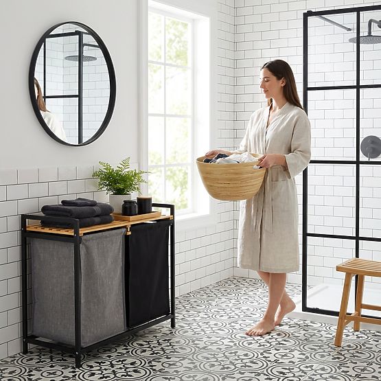 panier en bambou pour linge ou jouets HANOI BLACK 2 compartiments DUO COULEUR