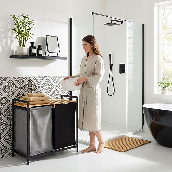 panier en bambou pour linge ou jouets HANOI BLACK 2 compartiments DUO COULEUR