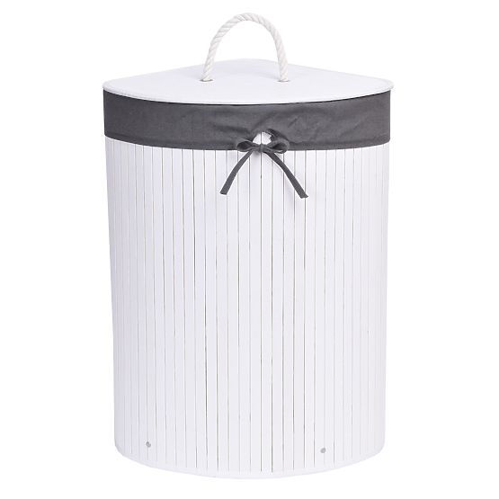 Panier à linge d'angle en bambou avec couvercle blanc-gris