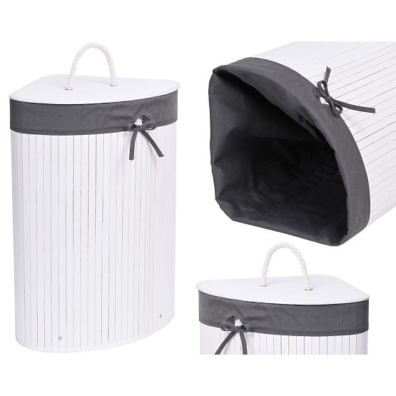 Panier à linge d'angle en bambou avec couvercle blanc-gris