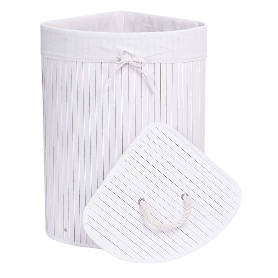 Panier à linge d'angle en bambou avec couvercle blanc