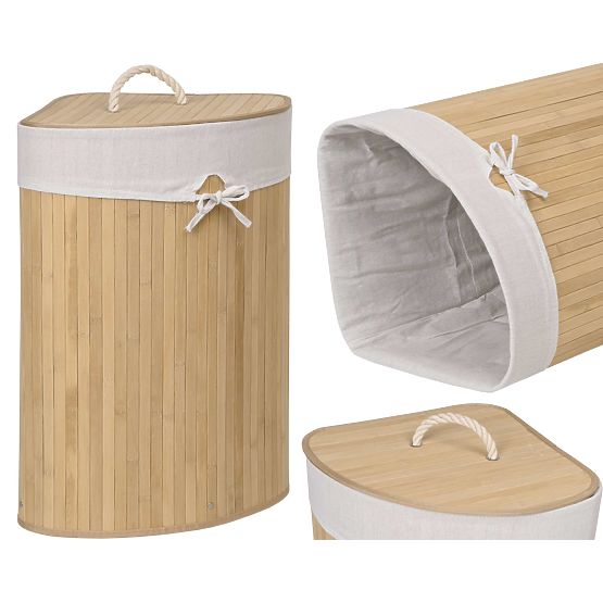 Panier à linge d'angle en bambou avec couvercle naturel 60L