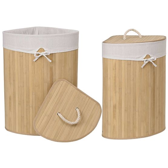 Panier à linge d'angle en bambou avec couvercle naturel 60L