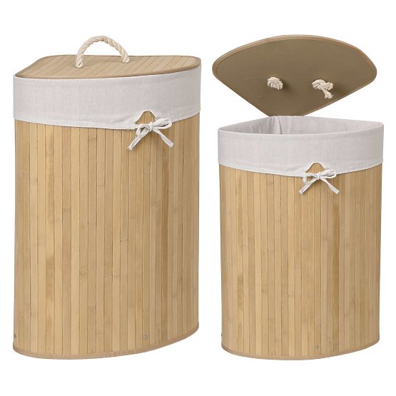 Panier à linge d'angle en bambou avec couvercle naturel 60L