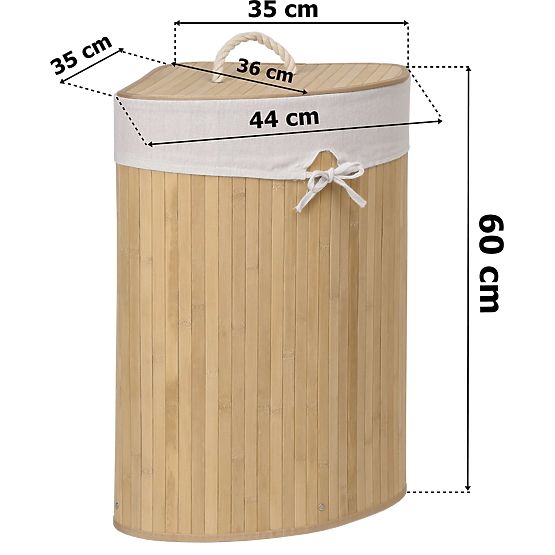 Panier à linge d'angle en bambou avec couvercle naturel 60L