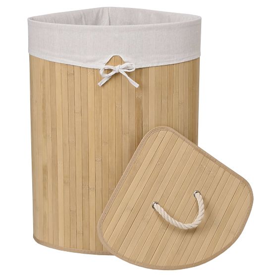 Panier à linge d'angle en bambou avec couvercle naturel 60L