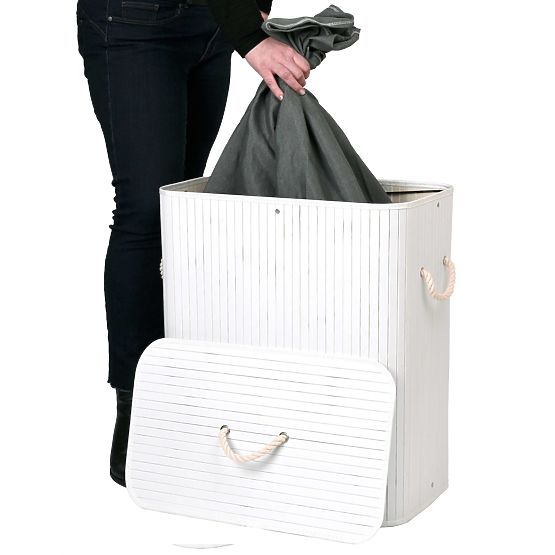 Panier à linge en bambou 2 compartiments blanc-gris