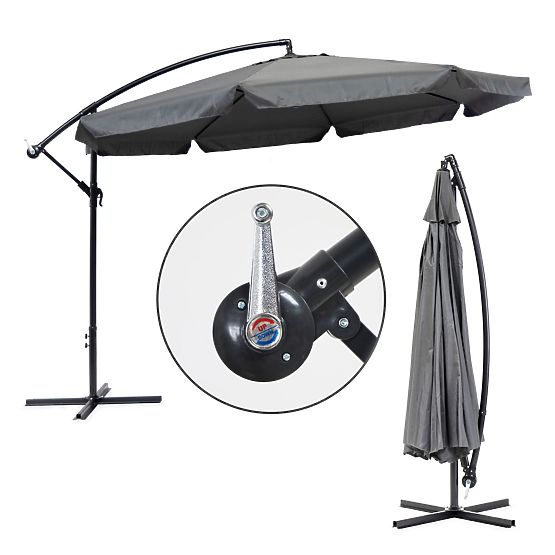 Parasol de jardin grand sur perche pliable 3,5m gris