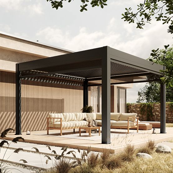 Pergola de jardin autoportante Lumera en aluminium, 4x4 m, bioclimatique, éclairage LED, électrique