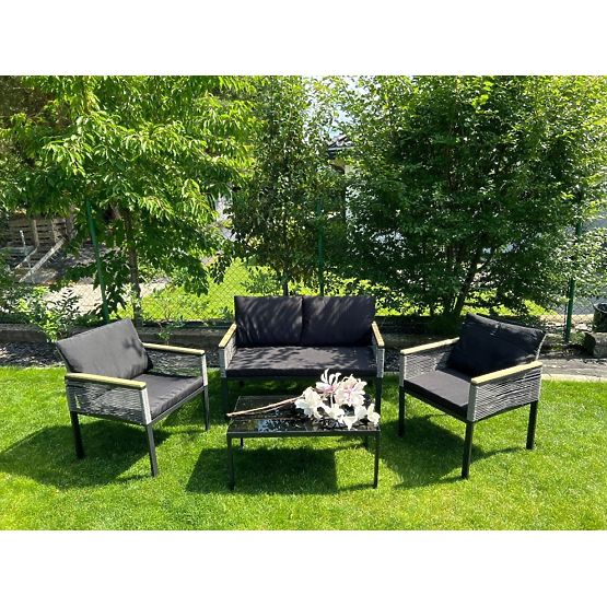 Petit ensemble de mobilier pour balcon (2 x fauteuil, canapé + table) CORTO aluminium noir, rotin sy