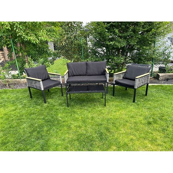 Petit ensemble de mobilier pour balcon (2 x fauteuil, canapé + table) CORTO aluminium noir, rotin sy