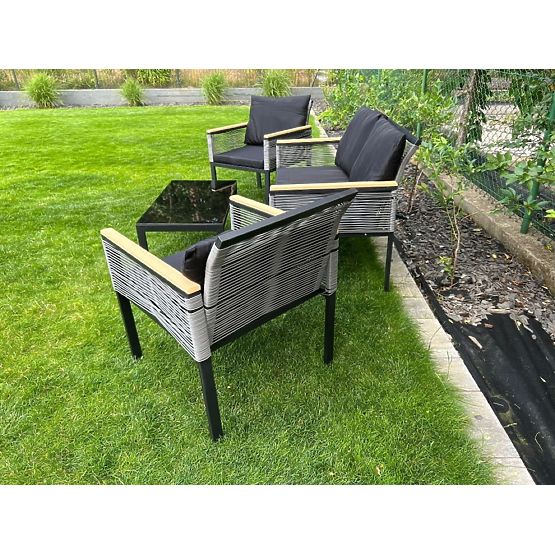 Petit ensemble de mobilier pour balcon (2 x fauteuil, canapé + table) CORTO aluminium noir, rotin sy