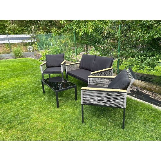 Petit ensemble de mobilier pour balcon (2 x fauteuil, canapé + table) CORTO aluminium noir, rotin sy