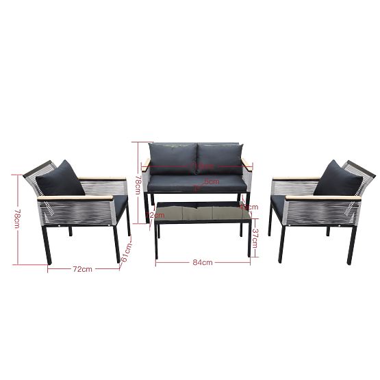 Petit ensemble de mobilier pour balcon (2 x fauteuil, canapé + table) CORTO aluminium noir, rotin sy