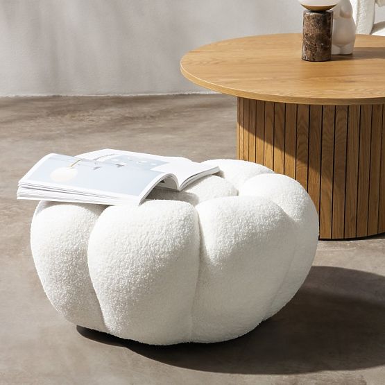 Pouf Perugia, blanc, bouclé, formes arrondies