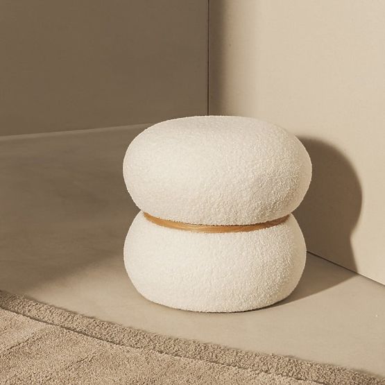 Pouf rembourré Muss, rond, blanc, bouclé