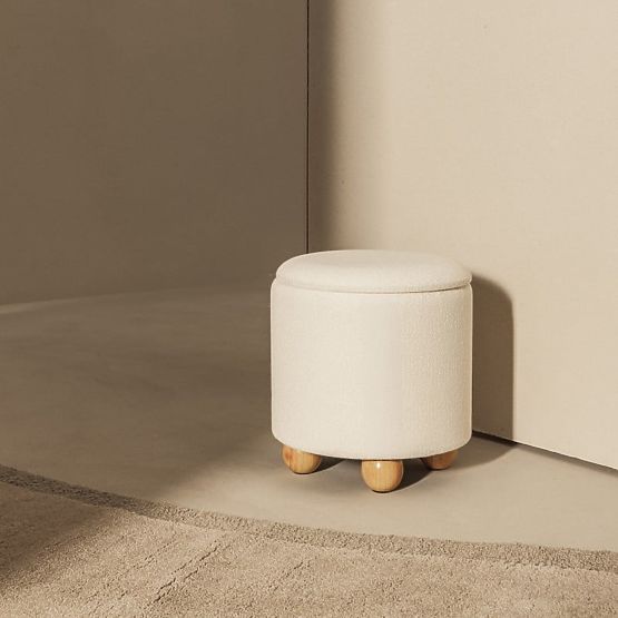Pouf rembourré Pebble, avec espace de rangement, rond, blanc