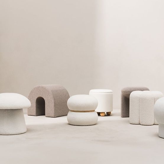 Pouf rembourré Quad, blanc, bouclé