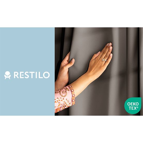 Rideau RESTILO BLACKOUT couleur beige, embrasse, style classique, bande, matériau blackout 140x