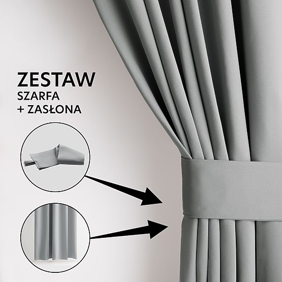 Rideau RESTILO BLACKOUT couleur gris, embrasse, style classique, œillets argentés, matériau blackout