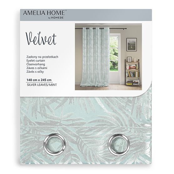 Rideau SILVERLEAVES couleur menthe style imprimé glamour œillets argentés velours 140x245 AmeliaHom