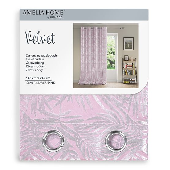Rideau SILVERLEAVES couleur rose poudré style imprimé glamour œillets argentés velours 140x245 Ameli