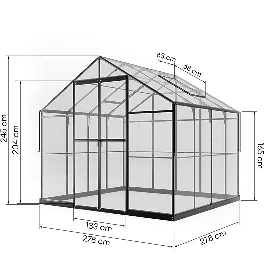 Serre de jardin ProGlass Classic Compact 7,7 m² avec base, verre trempé 4 mm, aluminium