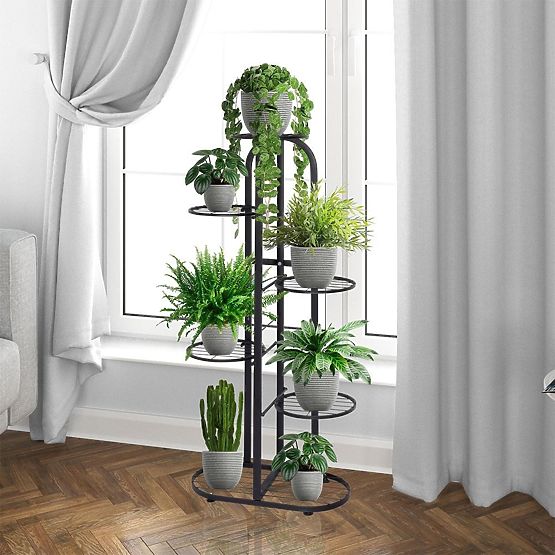 Support de fleurs en métal moderne à 6 niveaux noir