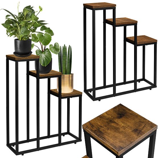 Support pour plantes noir Loren Rustic chêne vieilli