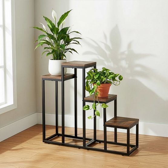 Support pour plantes noir Pallen chêne vieilli