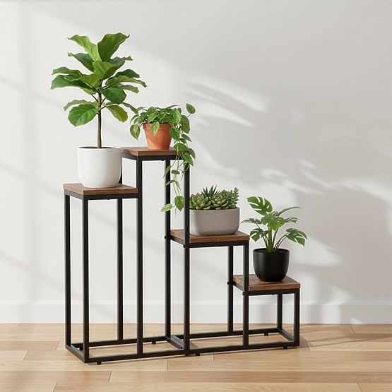 Support pour plantes noir Pallen chêne vieilli