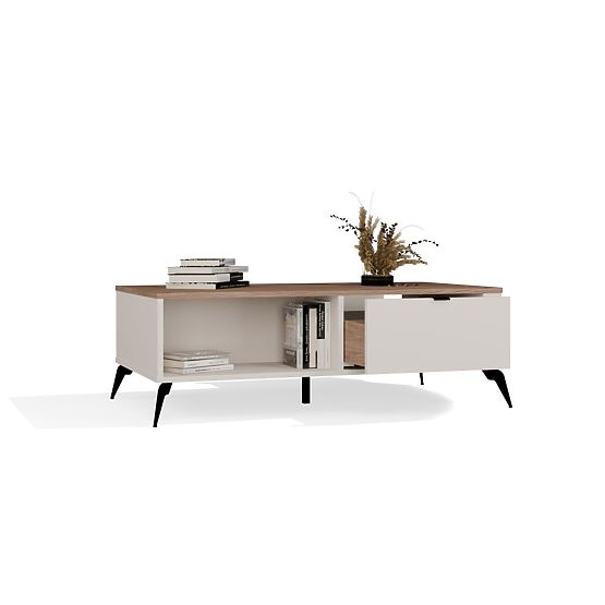 Table basse CORDOBA Beige Cachemire Chêne Castello 2 Tiroirs pour Salon