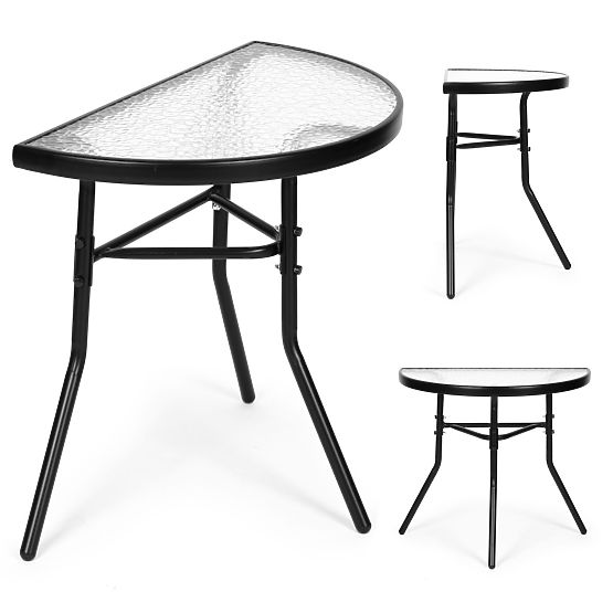 Table basse en verre demi-circulaire pour balcon, terrasse, patio noir