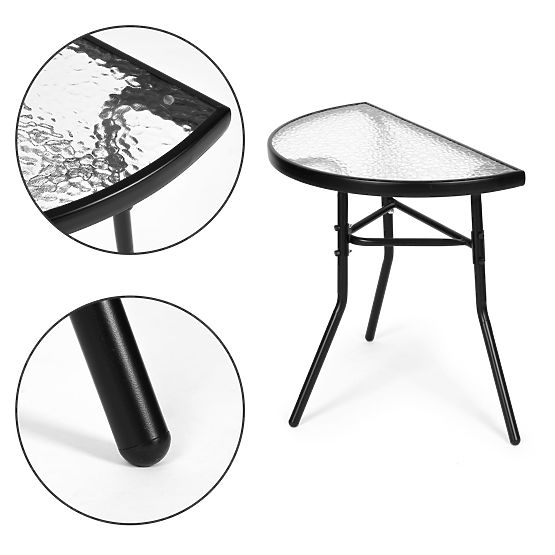 Table basse en verre demi-circulaire pour balcon, terrasse, patio noir