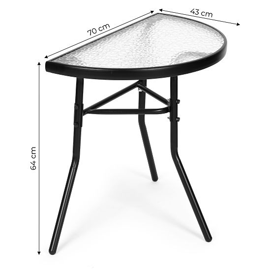 Table basse en verre demi-circulaire pour balcon, terrasse, patio noir
