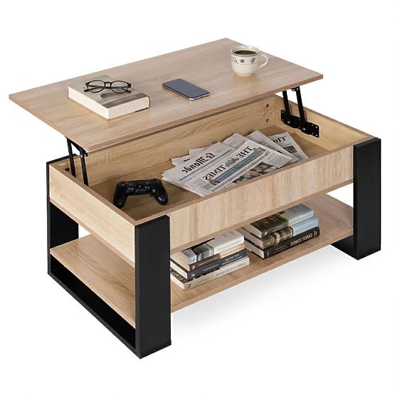 Table basse extensible avec plateau relevable 90 cm espace de rangement étagère chêne sonoma ModernH