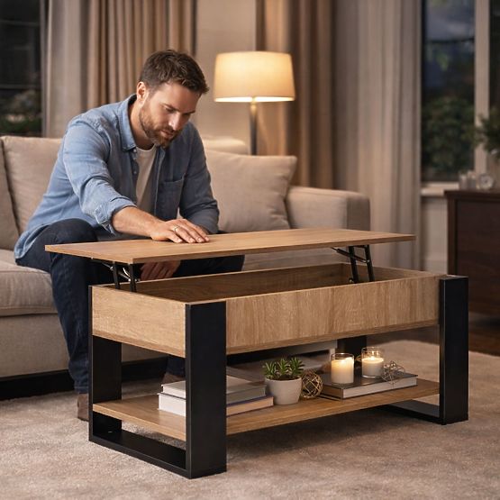 Table basse extensible avec plateau relevable 90 cm espace de rangement étagère chêne sonoma ModernH