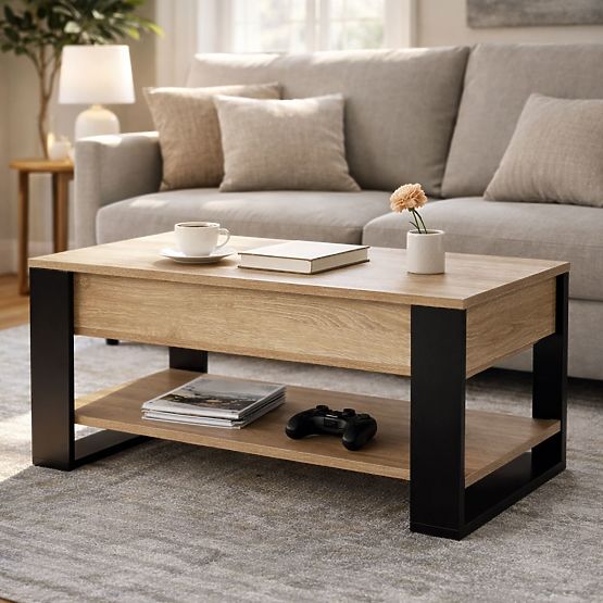 Table basse extensible avec plateau relevable 90 cm espace de rangement étagère chêne sonoma ModernH