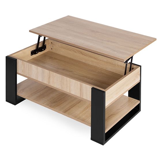 Table basse extensible avec plateau relevable 90 cm espace de rangement étagère chêne sonoma ModernH