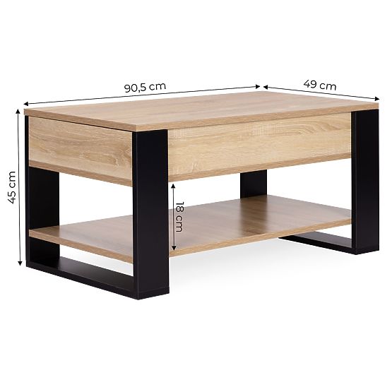 Table basse extensible avec plateau relevable 90 cm espace de rangement étagère chêne sonoma ModernH