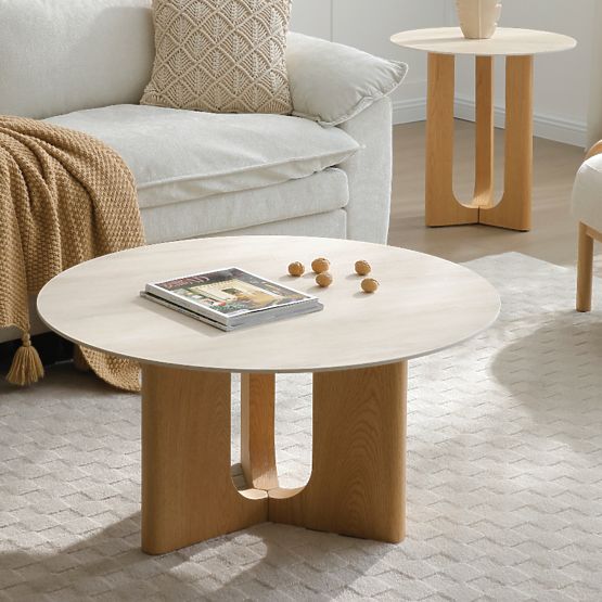 Table basse Klimt 90 cm, ronde, travertin/chêne