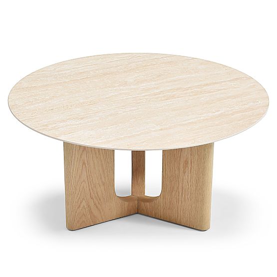 Table basse Klimt 90 cm, ronde, travertin/chêne